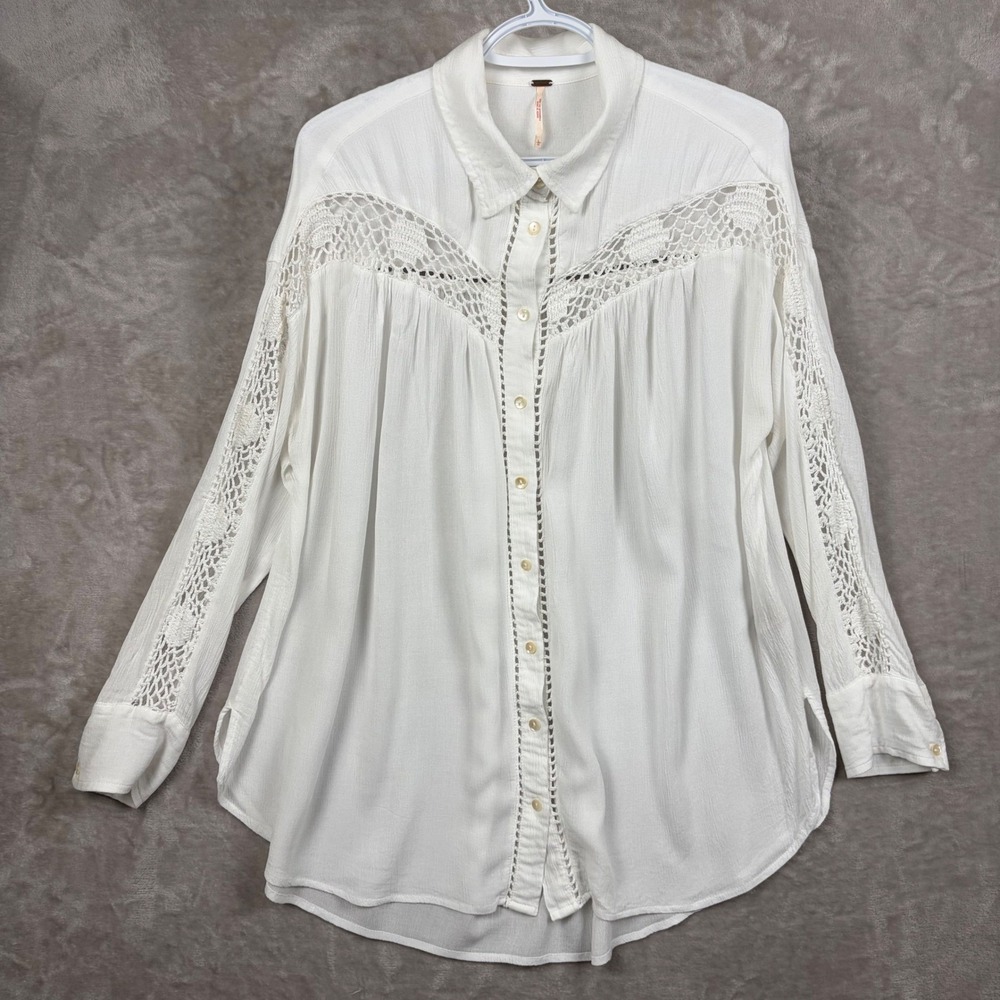Free People Katie Bird White Crochet Lace Shirt L Oversized Crinkle Beachy Boho - Picture 2 of 12